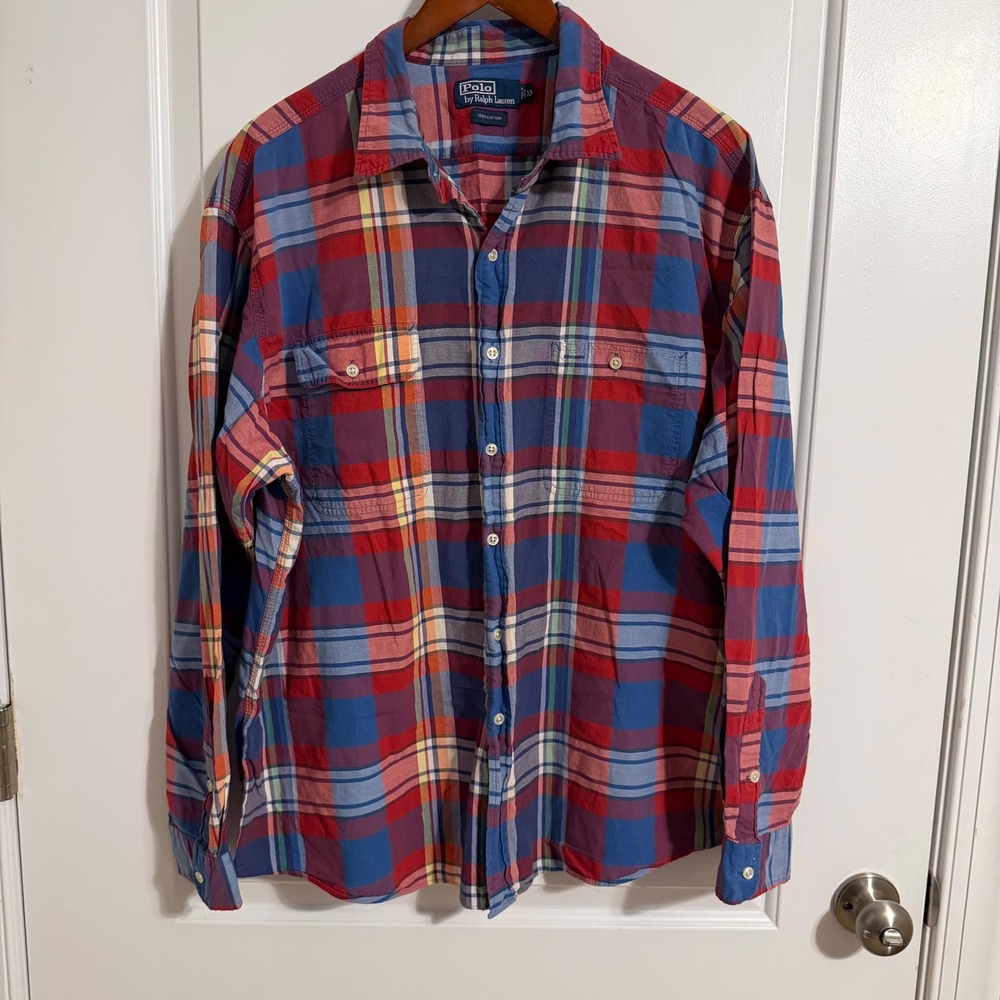 Polo Ralph Lauren Mens XXL Plaid Button Down Shirt Red Blue Cotton Long Sleeve